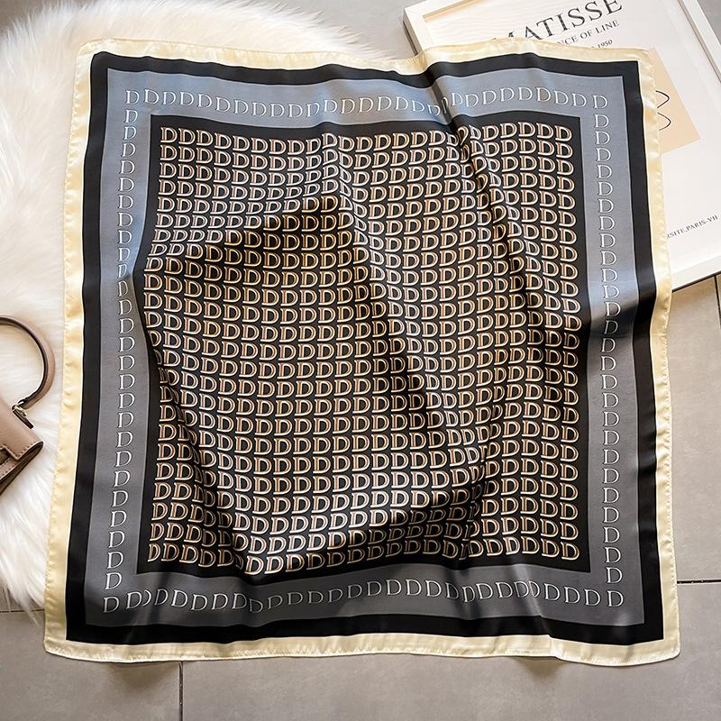 2024 Spring/Summer Letter D Print Neckerchief Fashion 70*70cm Green Square Scarf Women’s Breathable Imitation Silk Bandannas