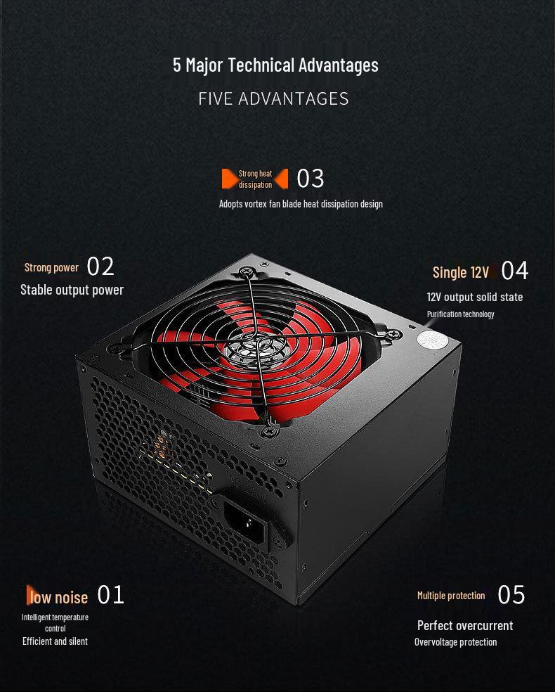 JAZPER 600W Бесшумный блок питания, Номинальная мощность 500 Вт, Двойной 6-контактный, Поддержка задней прокладки кабелей для игровых ПК