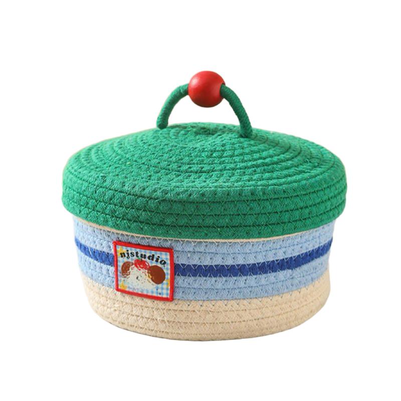 1 шт. с крышкой многофункциональная плетеная корзина для косметики и закусок, корзина для хранения вещей, плетеная эстетическая коробка для хранения 21x12 см