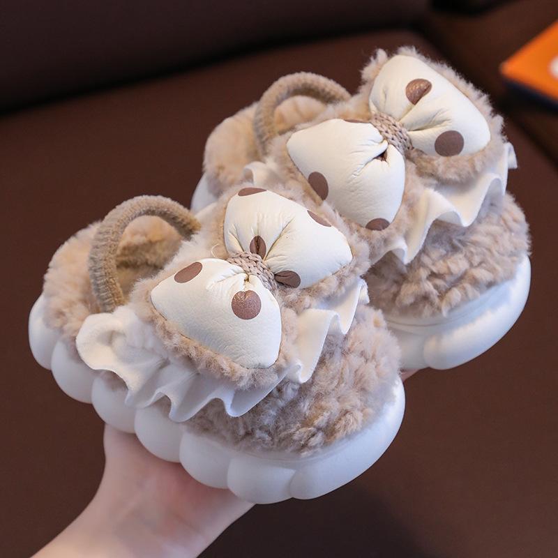 Fashion Cute Children's Cotton Slippers Baby Girl Princess Bow Velvet Thermal Shoes Winter Indoor Home Cotton Mop
