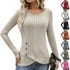 Women's Fashion Casual Slim Solid Color Long Sleeve Round Neck Hem Split Decoration Button Top