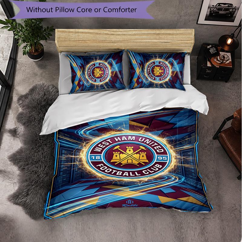 West Ham United Football 3 Piece Bedding Set Soft Duvet Cover Set with Pillowcases Printed Bedroom Decor Set for Home