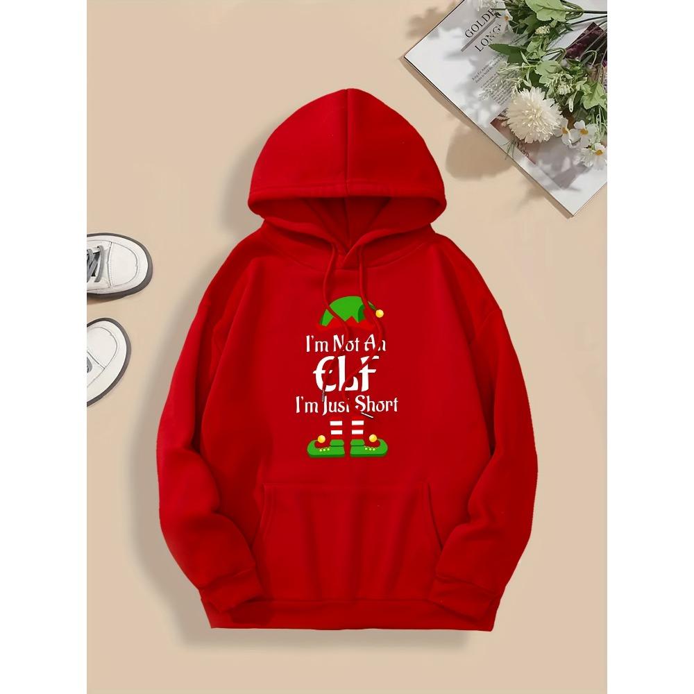 Christmas Festive Elf Print Hoodie - Soft Stretch Polyester Long Sleeve with Pocket Knit Cap Holiday Fashion Top for Fall/Winter
