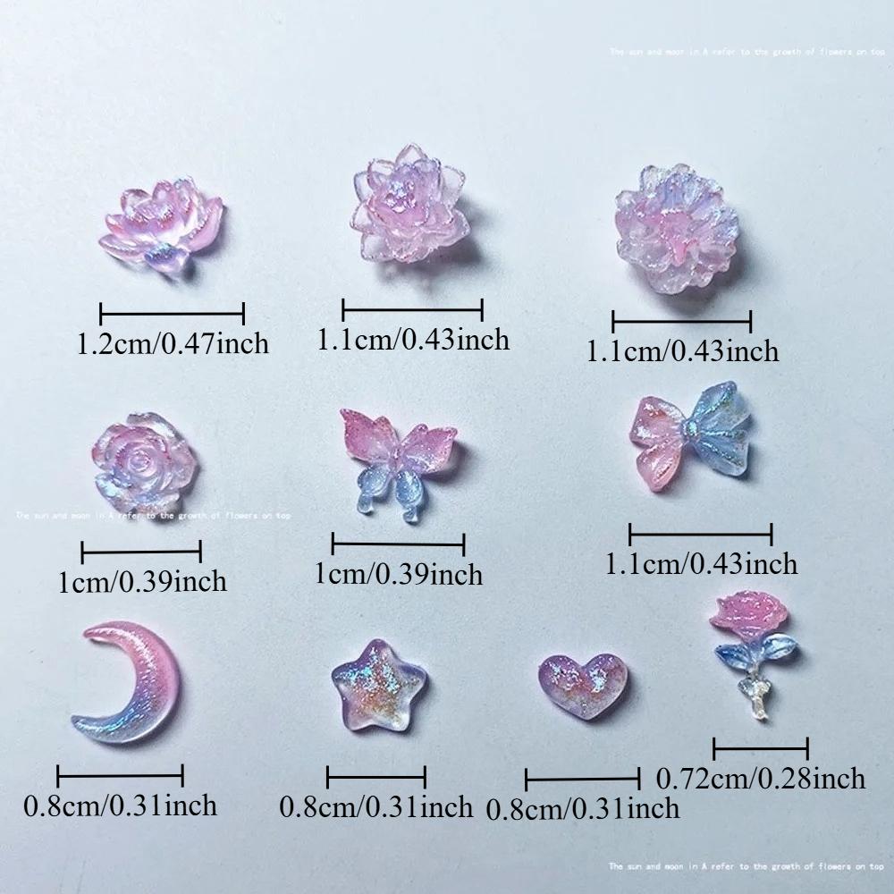 50pcs Mix Luminous Rose Flower Nail Art Charms Moon Star Heart Aurora Butterfly Nail Decorations Charms Y2K DIY Manicure Parts