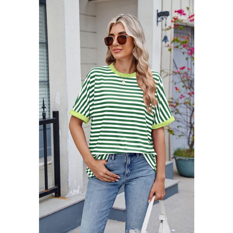 Женская летняя новая полосатая футболка с круглым вырезом и коротким рукавом в стиле Clash Color