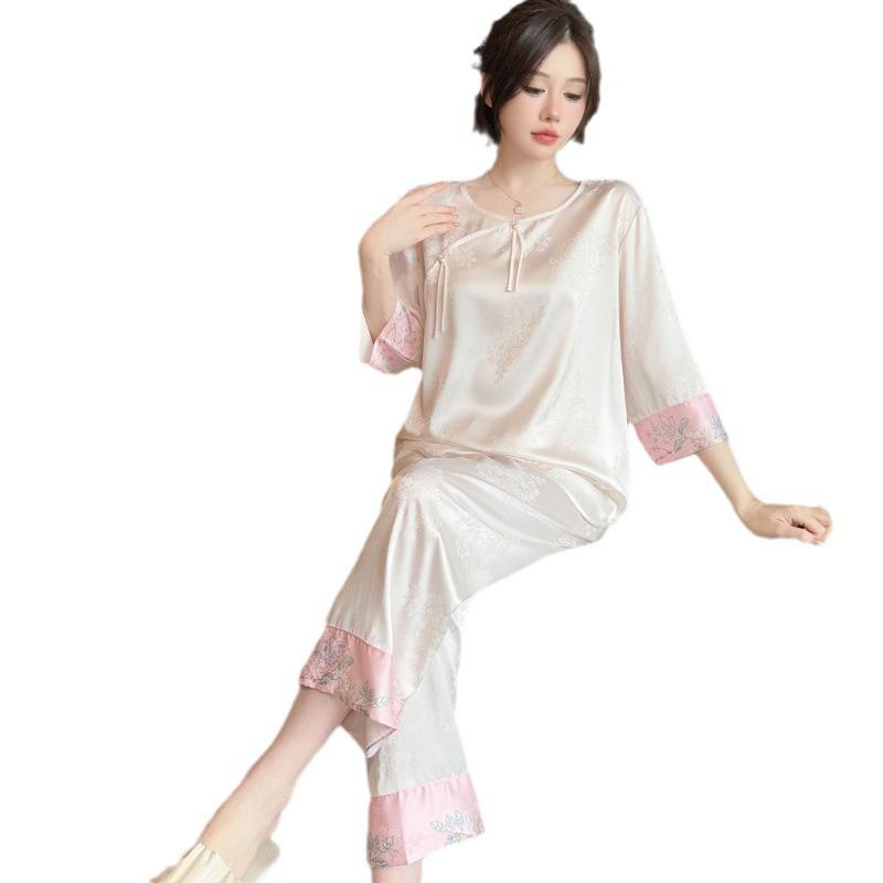 Spring and summer ice silk pajamas women's new Chinese-style fringed jacquard thin national style silk loungewear suit antique design
