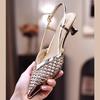 2025 Summer New Cat Heel Breathable Hand-woven 3.5cm Low Heel Shoes Gold and Silver French Temperament Pointed Sandals