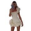 Women Evening Dress One Shoulder Ruffle Flower Decor Slim Waist Sheath Sleeveless Pure Color Backless Bandeau Mini Dress Prom Party Short Dress