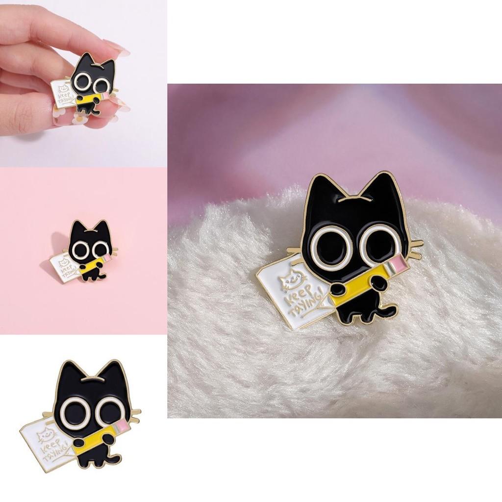 Cute Cartoon Black Cat Enamel Brooch With Pen Design For Stylish Accessory Lovers
