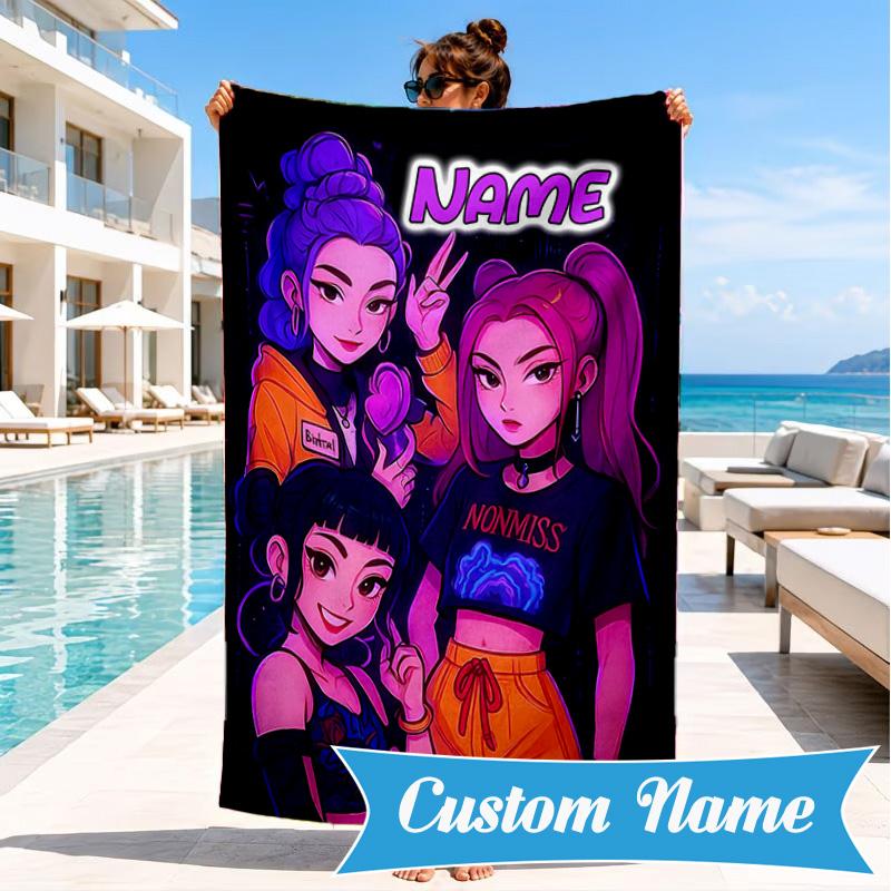Custom Name KPop Cartoon Beach Towel Microfiber Beach Towel, Lightweight and Quick-Dry, for Summer Travel, Swimming Pool Gift