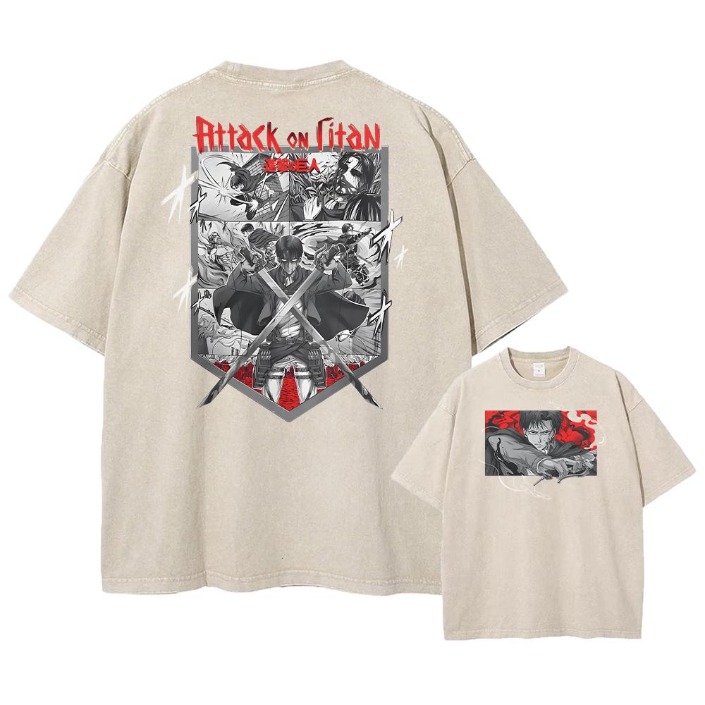 Футболка с принтом «Атака титанов» в стиле аниме, кислотная стирка, короткие рукава, уличные топы, винтажные футболки больших размеров для мужчин в стиле манга