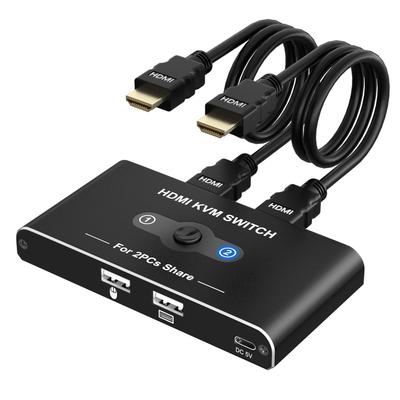 USB KVM-переключатель с 2 входами HDMI и 1 выходом, переключает между 2 ПК и 1 монитором, общий доступ к клавиатуре/мыши/дисплею для 2 ПК, видеовыход 4K@60 Гц