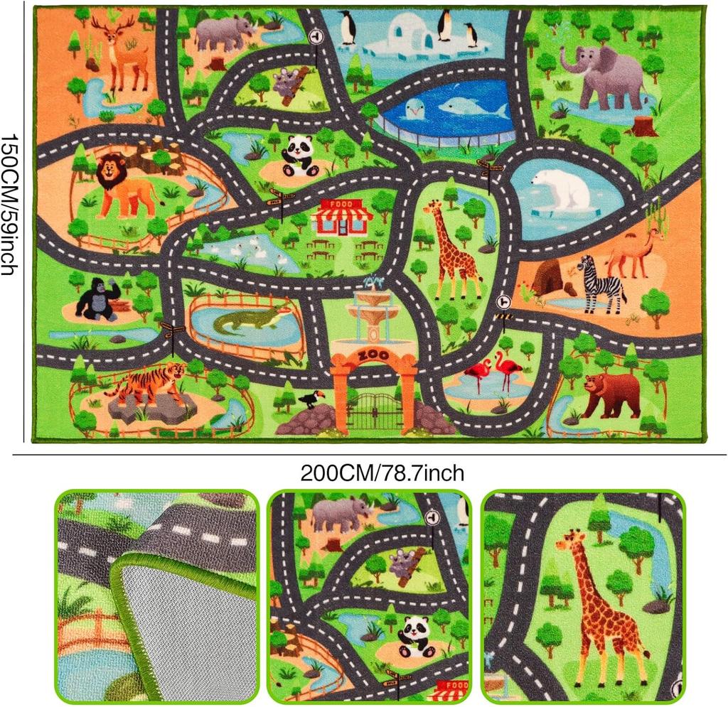 Kids Rug Playmat Rug Animal Car Rugs for Kids Toy Cars,Non Slip Zoo Road Map Kid Carpet for Playroom Bedroom Boys,Kid Play Mat
