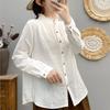 Женские белые рубашки с кружевным воротником-стойкой, двойная хлопковая пряжа, блузки с длинным рукавом, цветные пуговицы, свободные женские топы