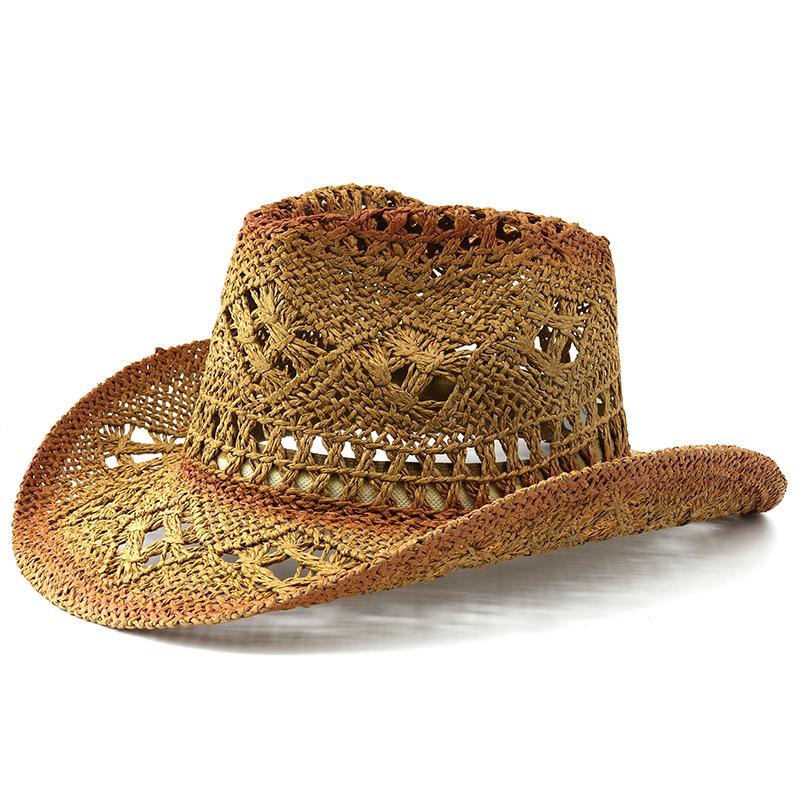 Unisex Gradient Hollow Woven Cowboy Straw Hat Breathable Wide Brim Sun Protection Outdoor Travel Beach Cap