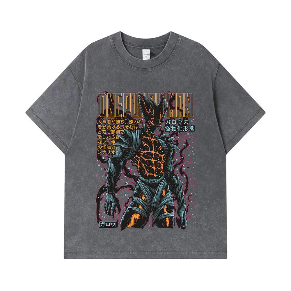275 GSM Washed T-shirts 100% Cotton One Punch Man V8 Garou Print Unisex Heavy Cotton T Shirt