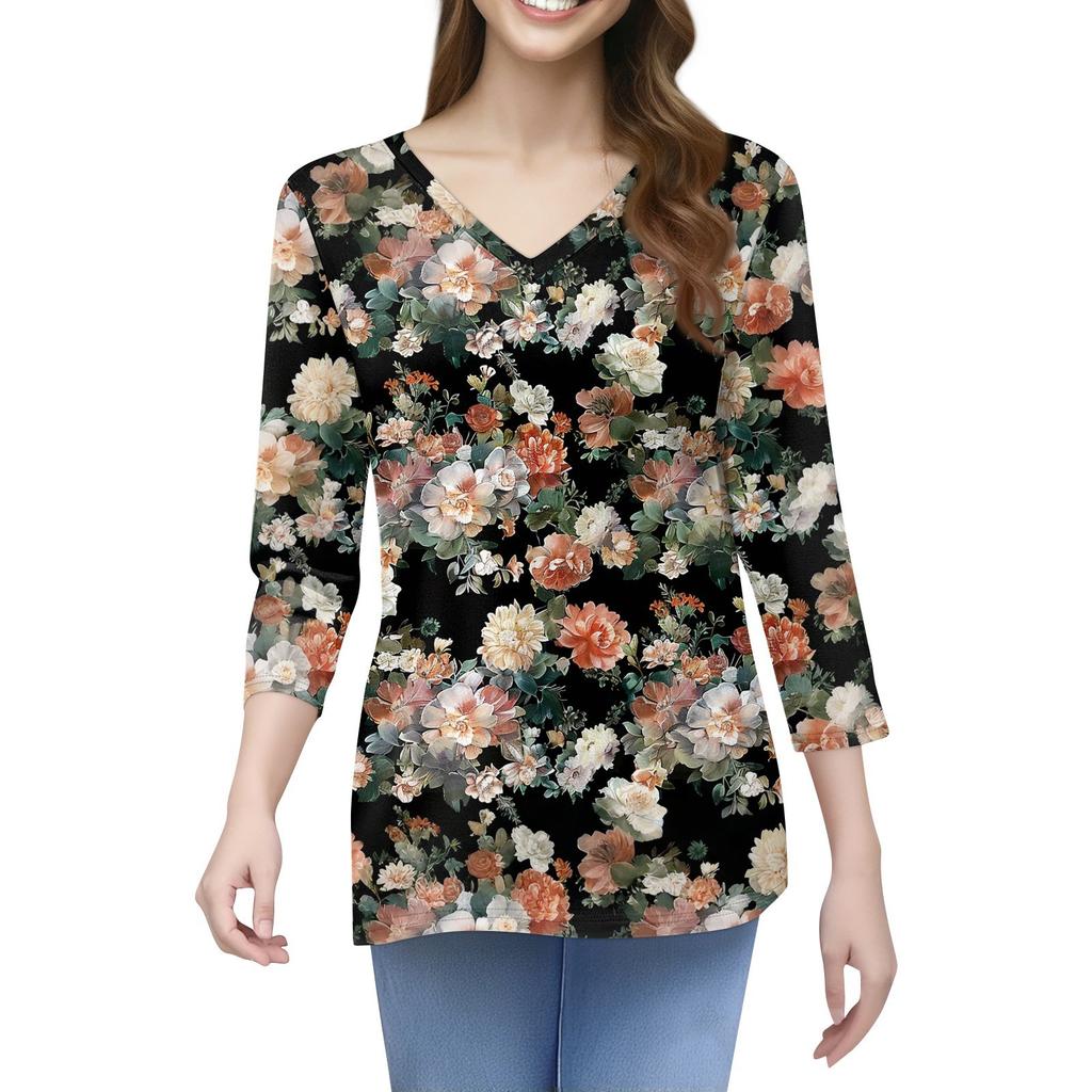 Женская футболка с принтом, рукав 3/4, повседневная мода на выходные, базовый топ с V-образным вырезом