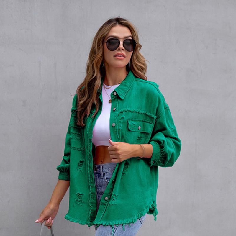 Женская джинсовая куртка средней длины с необработанными краями и отверстиями, осенне-зимняя, повседневная, с длинными рукавами и лацканами
