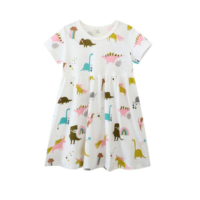 In-Stock Girls' White Dress 2024 New Summer Full-Print Dinosaur Children's Baby Princess Dress Foreign Trade Children's Clothing