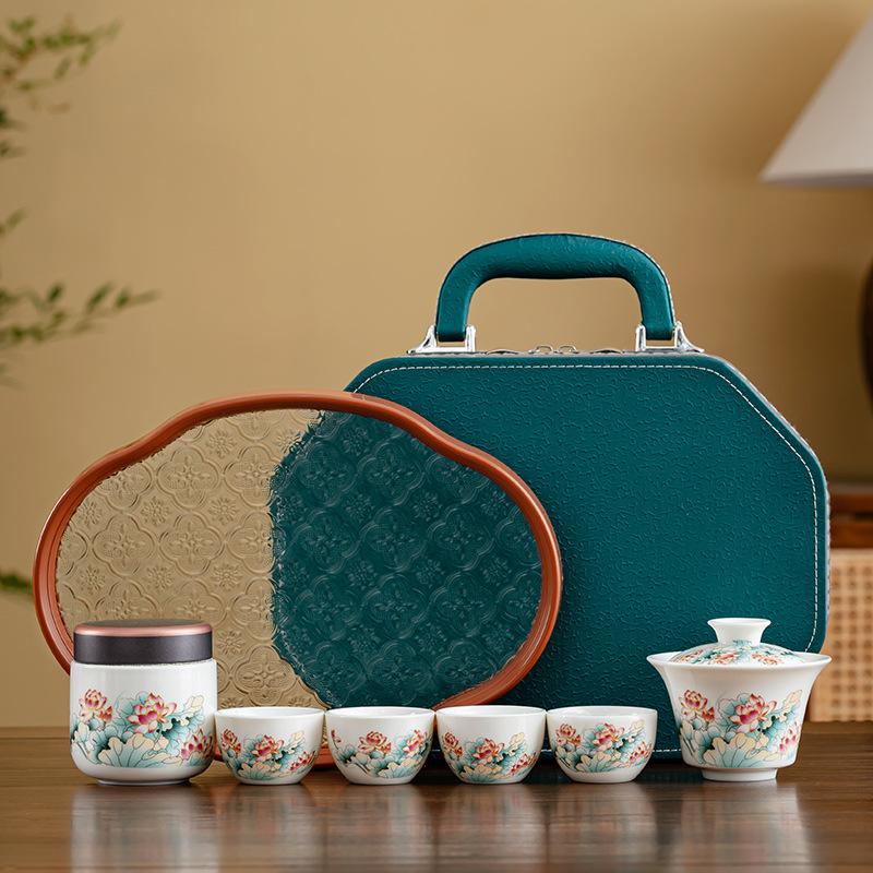 Light luxury high-end gift box, peony suet jade tea set, retro household ceramics, new Chinese kung fu tea set