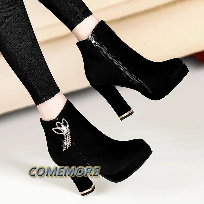 Fashion Sexy Fashion Women Rhinestone Thick Heeled Platform Short Boot Autumn Winter 2025 New High-heeled Ankle Boots Fashion Round Head