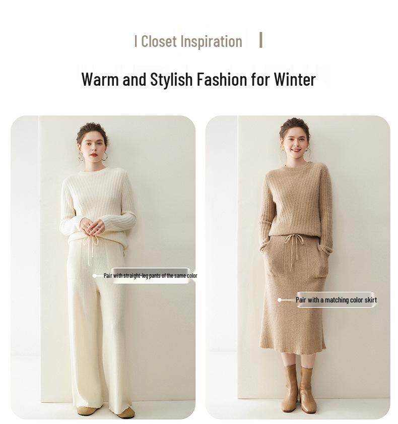 Women's Ribbed Cashmere Crew Neck Pullover Sweater with Long Sleeves