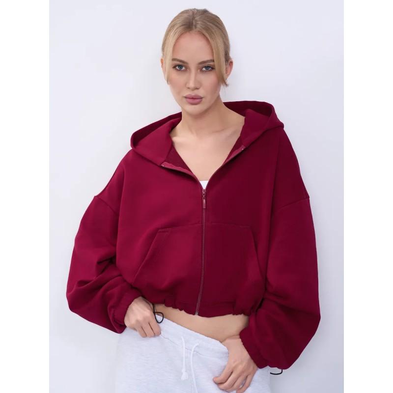 Womens Cropped Hooded Sweatshirt With Kangaroo Pocket Zipper Front Drawstring Waist Streetwear Casual Pullover