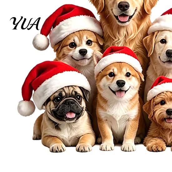 Puppy Themed Christmas Decor Santa Hat Dog Wall Sticker, Waterproof PVC Self Adhesive Mural Decal, Removable for Living Room Bedroom Holiday