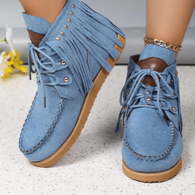 Женские ботинки 2024 года, новые короткие ботинки с кисточками и шнуровкой, с заклепками, с плоской подошвой, с кисточками, удобные нескользящие женские ботинки Chelsea Botas Mujer