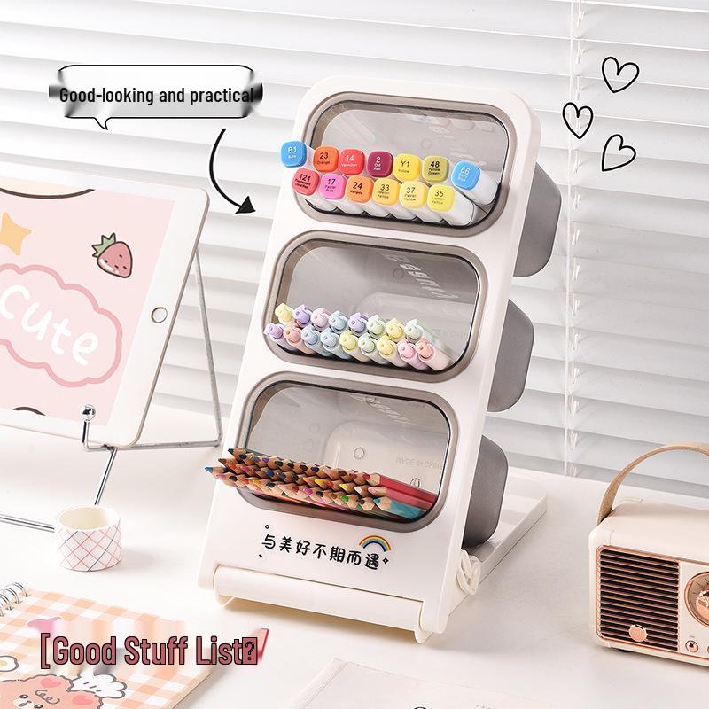 Multi-layer Desktop Storage Box with Large Capacity and Slanted Pen Holder for Office or Student Stationery.