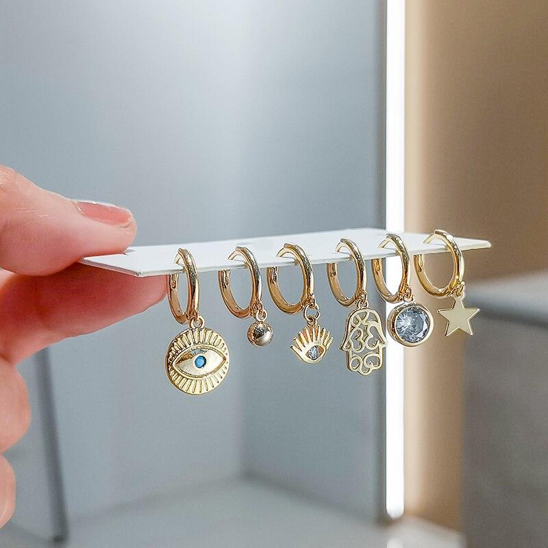 6 шт./набор из стерлингового серебра 925 пробы серьги-кольца в форме пальмовых глаз и звезд с каплями воды, женские роскошные ретро-украшения для ушей