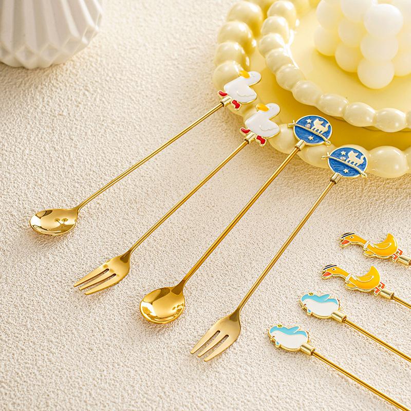 Creative Cartoon Animal Floral Spoon & Fork, Mirror Polished 304 Stainless Steel Dessert Coffee Stirrer