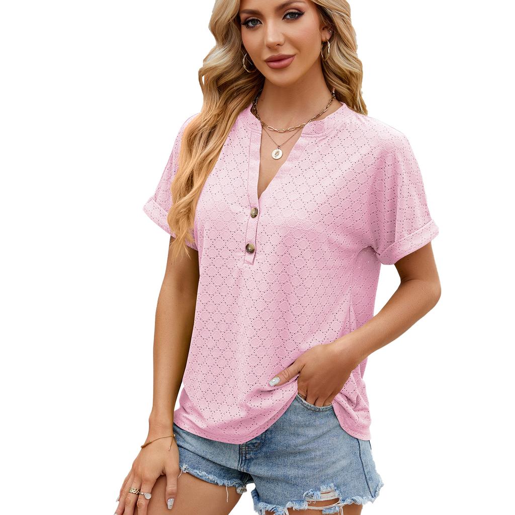 Summer Women's T-shirt New Solid Color V-neck Button Loose Short-sleeved T-shirt Top