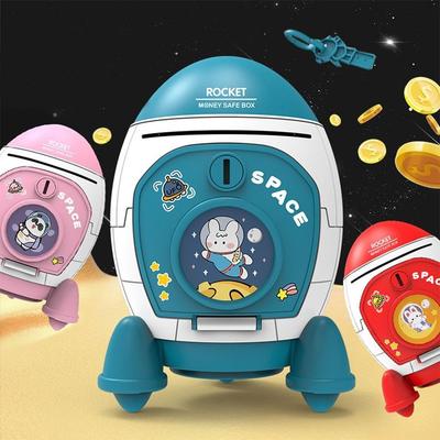 Детская копилка в форме космической ракеты, пластиковая коробка для денег, игрушка, мультяшная наклейка, касса, игрушки, сейф, держатель для монет для детей, подарки