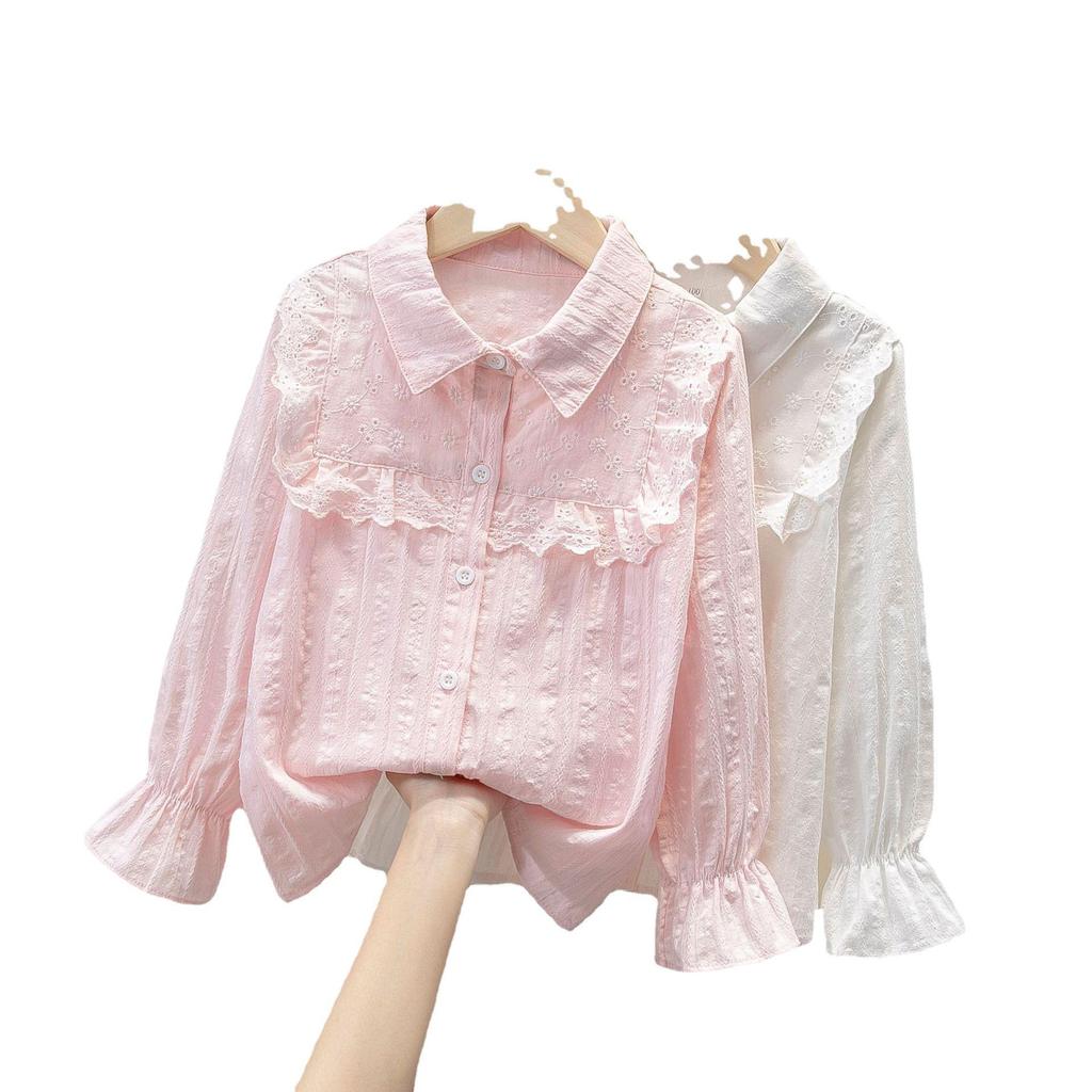 Кружевная рубашка с длинным рукавом для девочек, весна 2023 - модный топ для детей среднего и старшего возраста