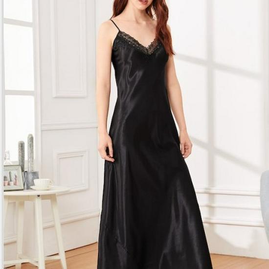 Women's Imitation Silk Lace Camisole Nightgown - Solid Color, Comfortable Long Loungewear, Lazy Style for Summer