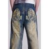 Y2k Vintage Women Jeans Back Wing Printed Rivet Washed Wide Leg Denim Pants Baggy Distressed Casual Trousers Streetwear