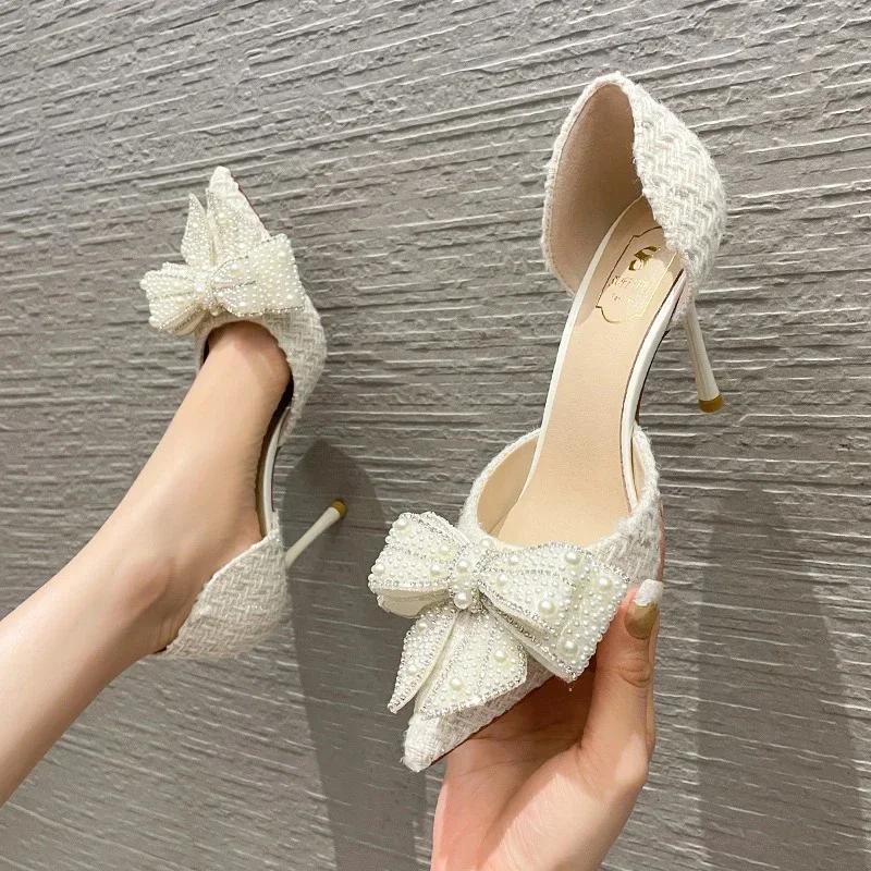 2024 Fashion Delicate Sweet Crystal Bowtie High Heel Shoes Side Hollow Pointed Women Pumps Woman Thin Heeled Party Wedding Shoes