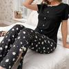 Spring Summer Pajamas Set for Women Black Floral Print Short Sleeve Tops and Long Pants Sleepwear Casual Loose Soft Pyjamas Homewear