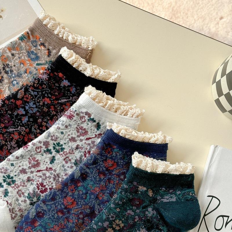 Носки весенние и летние японские ретро цветочные кружевные короткие женские носки придворный стиль милые женские носки-лодочки хлопок