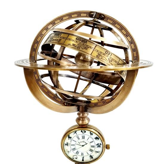 Nautical Brass Armillary Sphere World Globe with Analog Clock Rosewood Base Home Decorative
