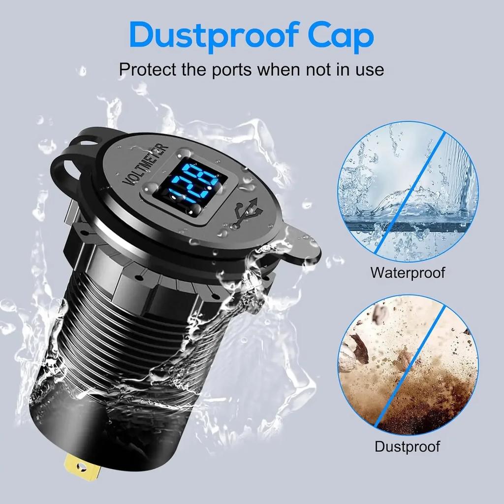 PD+QC3.0 Fast Charging USB Car Charger Socket with Voltmeter, Aluminum Alloy Waterproof Power Outlet