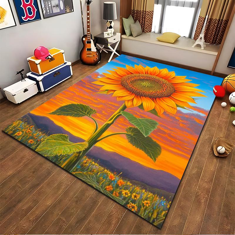 Bright Sunflower Carpet with Colorful Sunset and Nature Scene Suitable for use as an anti-slip for living room bedroom sofas