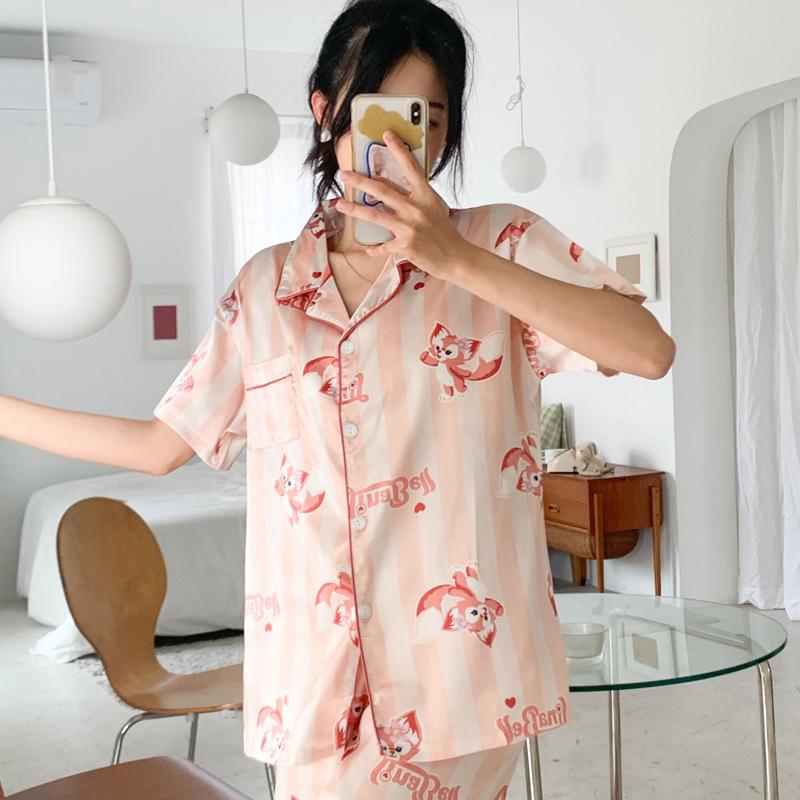 The Same Summer Pajamas Women'S Lapel Cardigan Short-Sleeved Shorts Loungewear Suit Lingna Belle