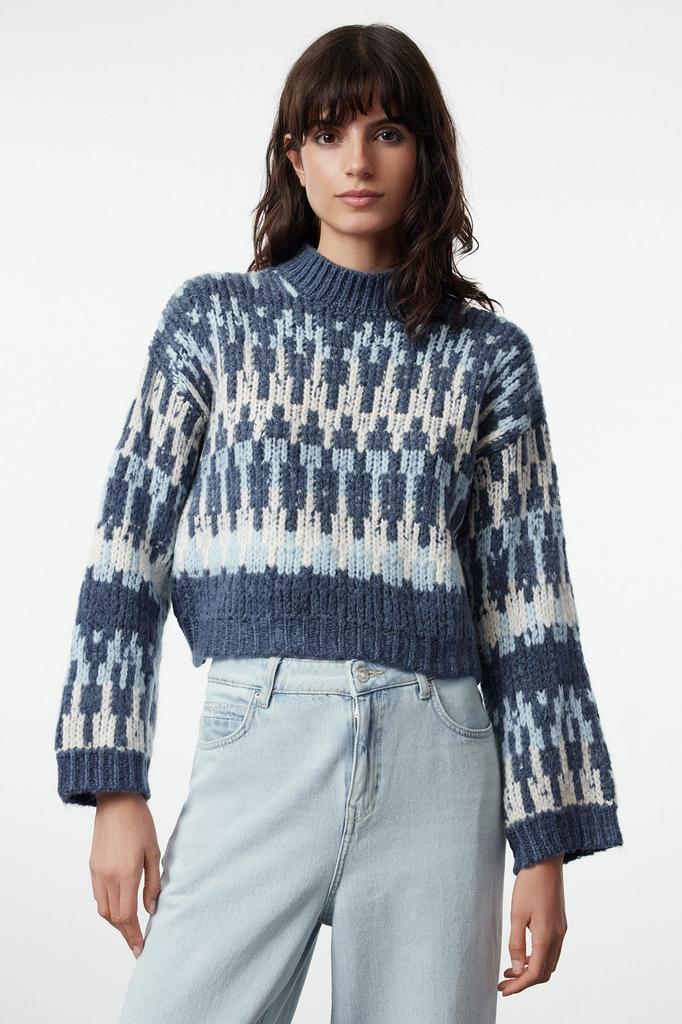 Женский свитер в элегантном стиле, зеленый мягкий текстурированный толстый укороченный трикотаж с воротником-стойкой