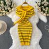 Summer Women Casual Short Sleeve Striped Knitted Sweater Mini Sheath Dresses with Shawl