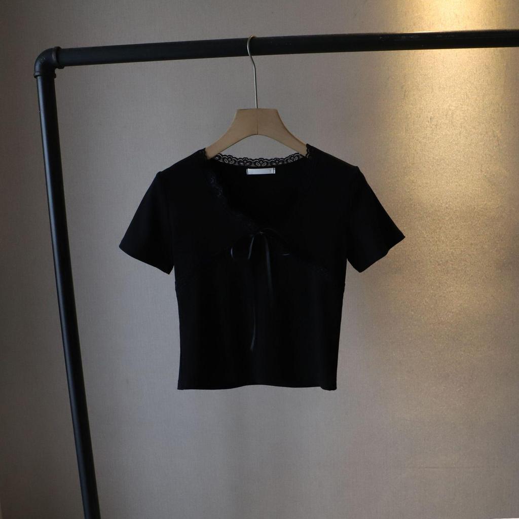 Маленький топ с короткими рукавами и бантом, приталенного силуэта - 2025 корейский стиль, летняя женская мода