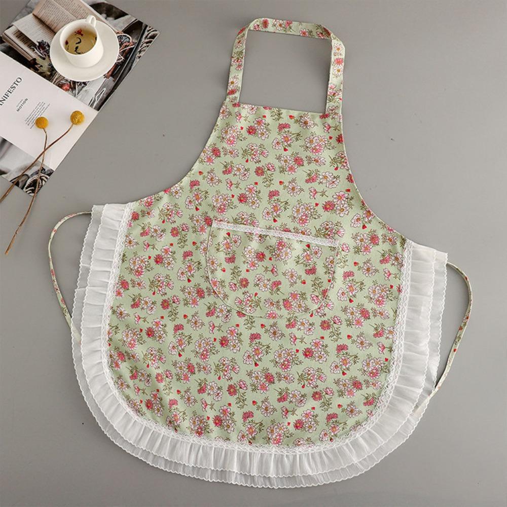 Wear Resistant Neck Hanging Apron Floral Lace Cooking Apron Portable Canvas Apron Women