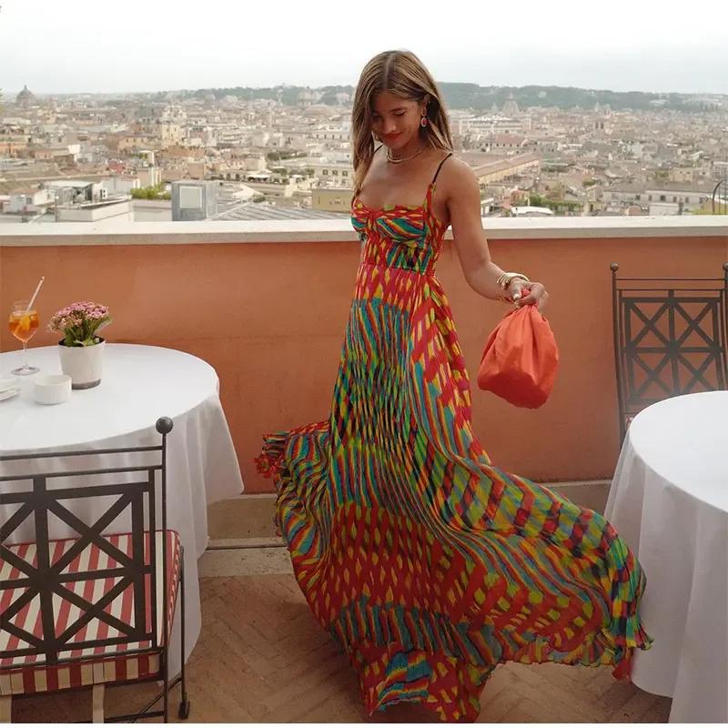 Контрастные платья-макси с принтом на бретельках для женщин, пляжное цветное свободное платье без рукавов с открытой спиной, летнее платье для отдыха