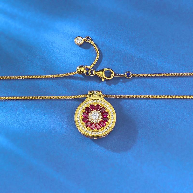 Double-Sided Eight Treasures Chinese Link Chain Necklace Red Pomelo Compass Pendant 925 Silver Fine Chains